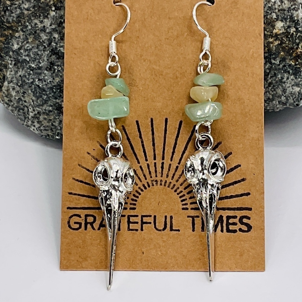 NEW Earrings Bird Skull Natural Gemstone Steampunk Boho Dangle Hook SilverTone B